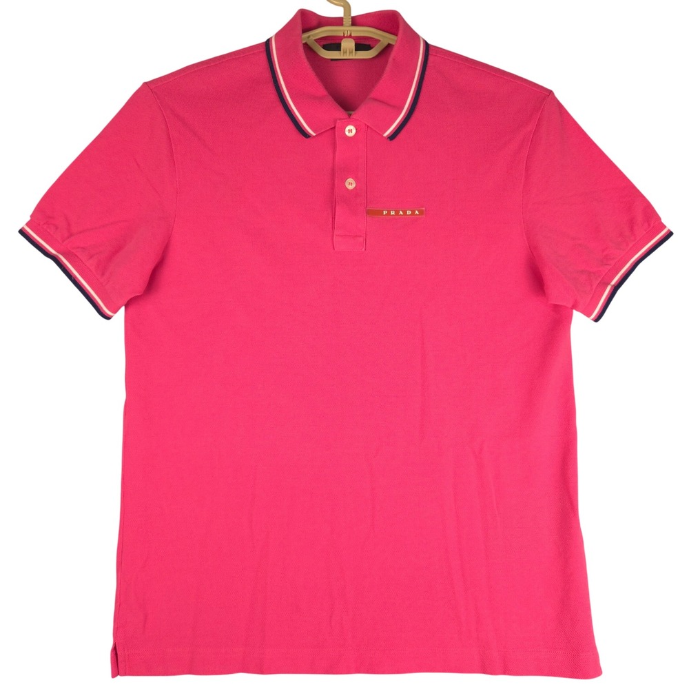 Prada Mens Pique Polo Shirt Pink Red Logo Tab Cotton SJJ887 Size L